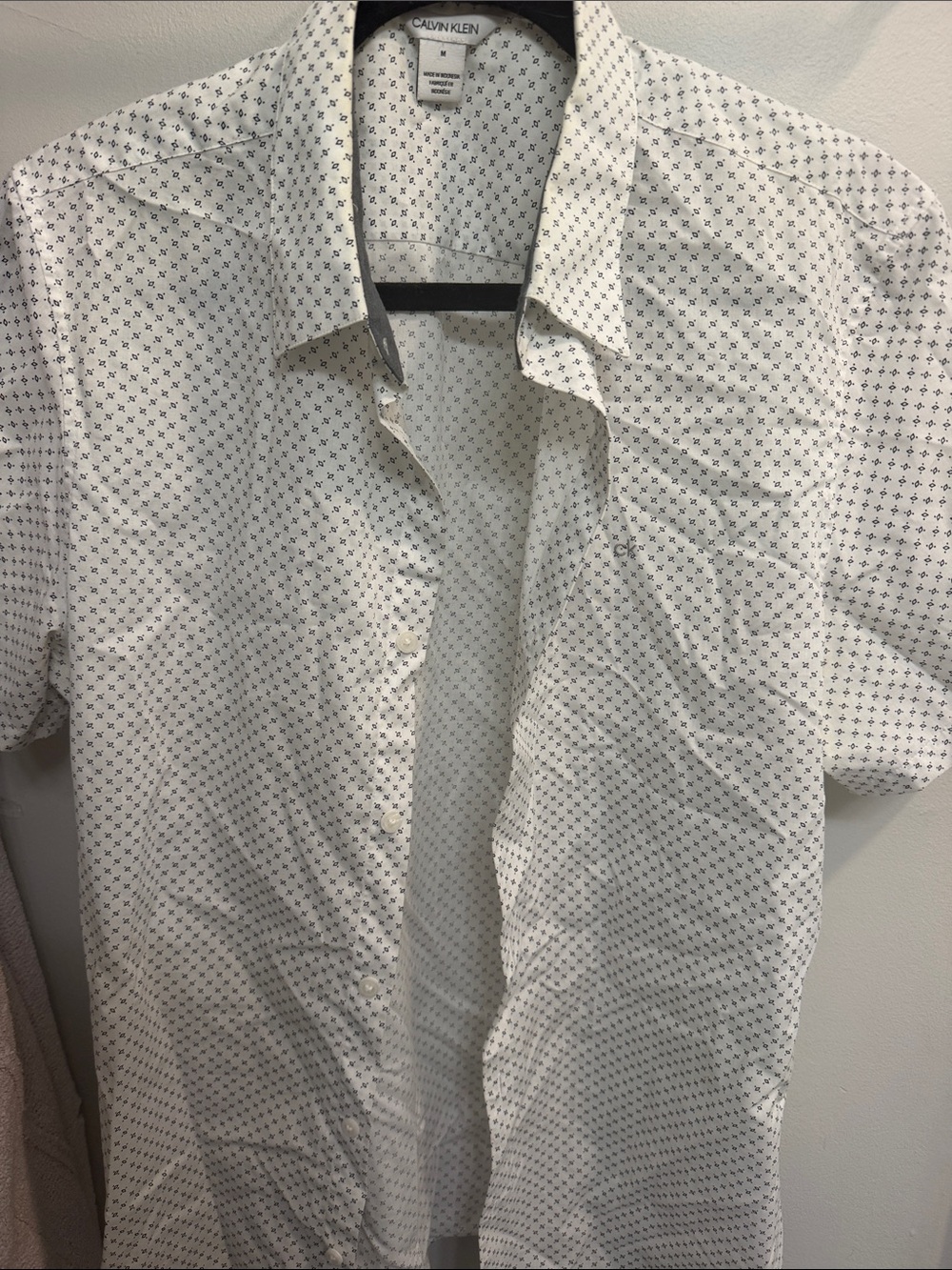 Calvin Klein White Short-Sleeve Button-Down with Navy Microprint